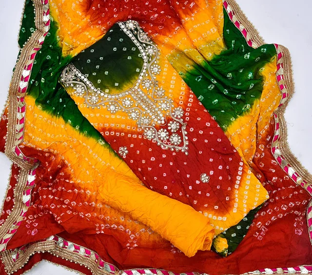 Art Silk Bandhani Gota Patti Work Un-Stitched Salwar Suit Dress Material - Multicolor