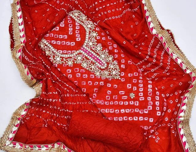 Art Silk Bandhani Gota Patti Work Un-Stitched Salwar Suit Dress Material - Red