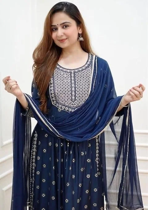 PK HUB Women’s Cotton Blend Embroidered Nayra Cut Kurti with Pant and Dupatta – Elegant 3-Piece Kurta Set for Girls & Women - L, NAVY BLUE