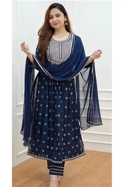 PK HUB Women’s Cotton Blend Embroidered Nayra Cut Kurti with Pant and Dupatta – Elegant 3-Piece Kurta Set for Girls & Women - L, NAVY BLUE