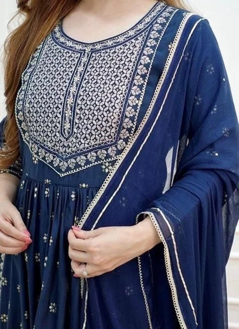PK HUB Women’s Cotton Blend Embroidered Nayra Cut Kurti with Pant and Dupatta – Elegant 3-Piece Kurta Set for Girls & Women - L, NAVY BLUE