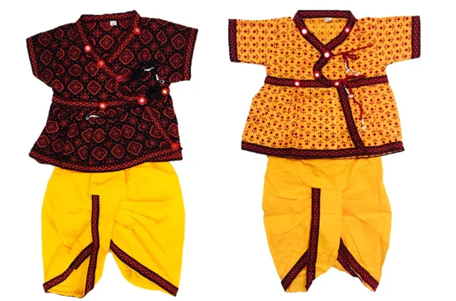 Boys Kids Ethnic Design Printed Cotton Dhoti Kurta Chaniya Choli Set For Casual, Festival, occasional Boys set,Mirror work - 2Y - 3Y
