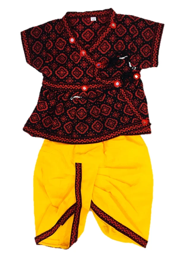 Boys Kids Ethnic Design Printed Cotton Dhoti Kurta Chaniya Choli Set For Casual, Festival, occasional Boys set,Mirror work - 3M - 6M
