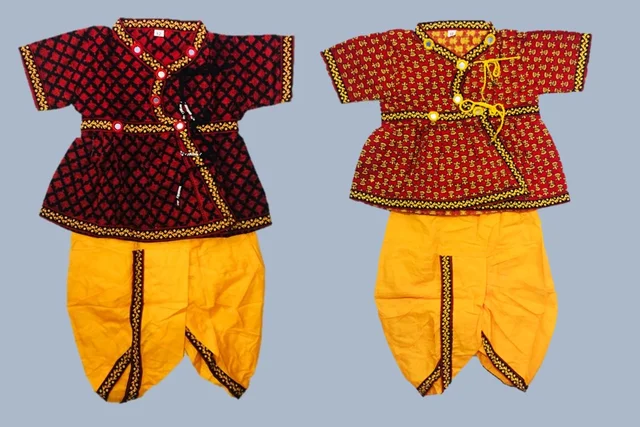 Boys Kids Ethnic Design Printed Cotton Dhoti Kurta Chaniya Choli Set For Casual, Festival, occasional Boys set,Mirror work - 2Y - 3Y