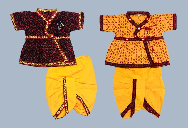 Boys Kids Ethnic Design Printed Cotton Dhoti Kurta Chaniya Choli Set For Casual, Festival, occasional Boys set,Mirror work - 1Y - 2Y