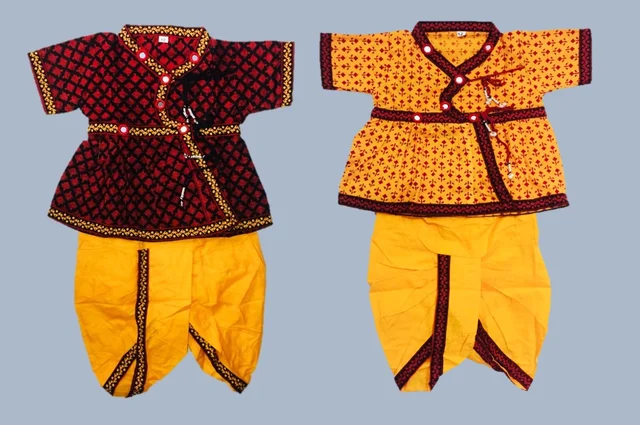 Boys Kids Ethnic Design Printed Cotton Dhoti Kurta Chaniya Choli Set For Casual, Festival, occasional Boys set,Mirror work - 3M - 6M