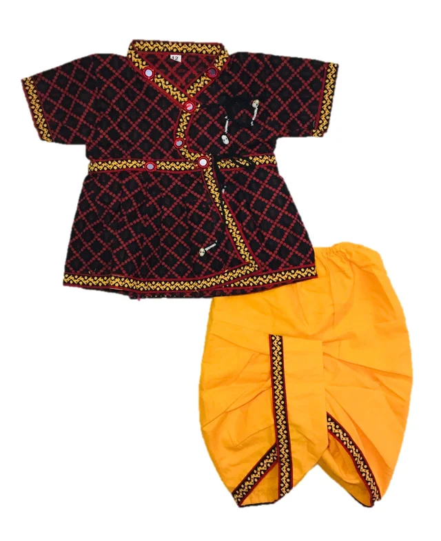 Boys Kids Ethnic Printed Design Cotton Dhoti Kurta Chaniya Choli Set For Casual, Festival, occasional Boys set - 1Y - 2Y