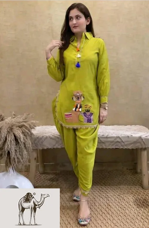 PK HUB Women's Embroidered Rayon Camel embroidery work A-Line Kurti with Dhoti Pant - M, Green