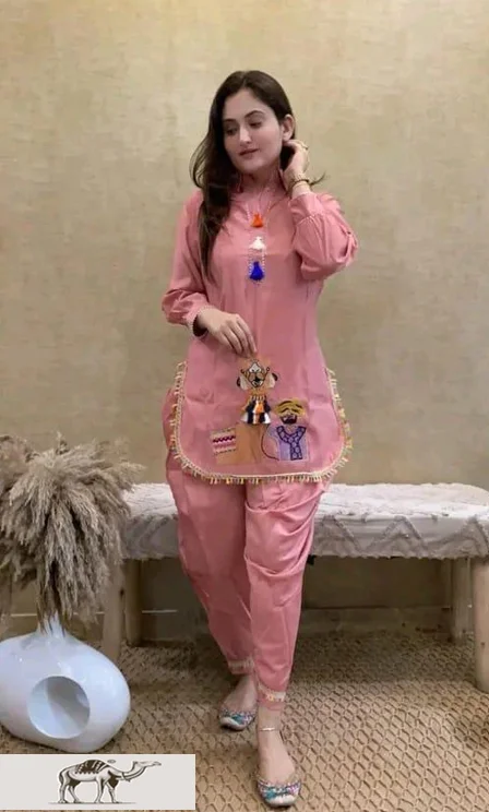 PK HUB Women's Embroidered Rayon Camel embroidery work A-Line Kurti with Dhoti Pant - L, Pink