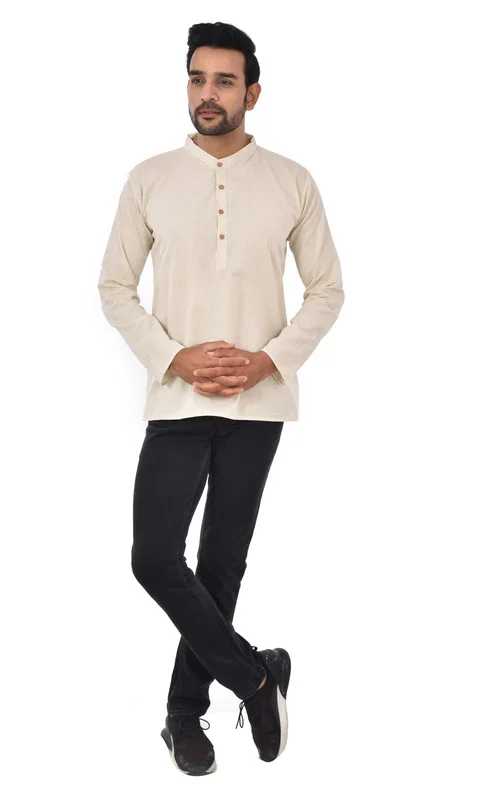 PK HUB Cotton Traditional Men's Short Modi Off White Kurta Full Sleeves Regular Fit and Round Collar - Large