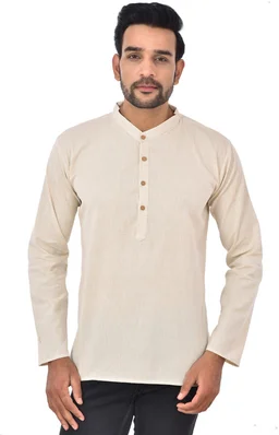 PK HUB Cotton Traditional Men's Short Modi Off White Kurta Full Sleeves Regular Fit and Round Collar - Large
