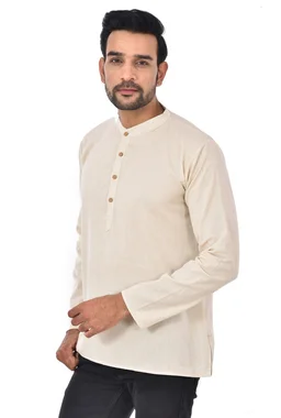 PK HUB Cotton Traditional Men's Short Modi Off White Kurta Full Sleeves Regular Fit and Round Collar - Large