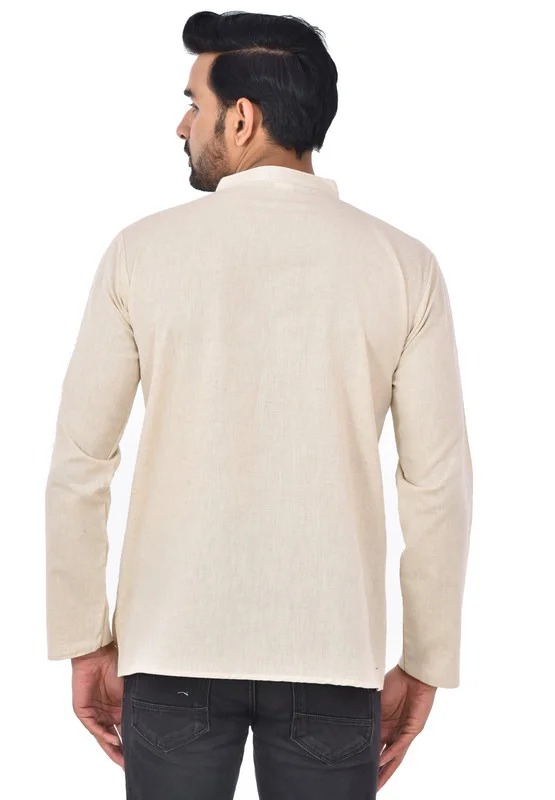 PK HUB Cotton Traditional Men's Short Modi Off White Kurta Full Sleeves Regular Fit and Round Collar - Large