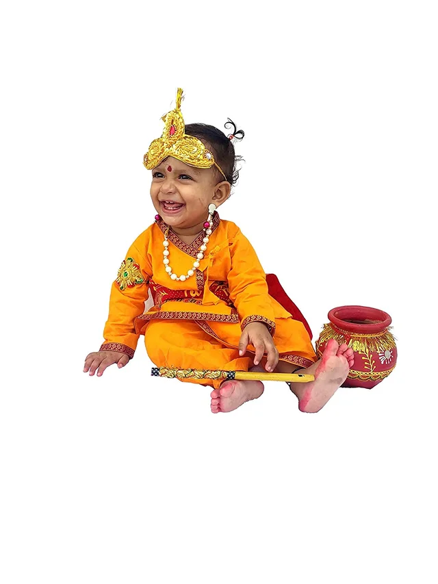 Krishna Kids Ethnic wear Costume in Cotton Fabric,Krishna Dress Yellow (Pack of 8 - Kurta, Dhoti, Bansuri, Mor Pankh, Mukut, Bandhni, Kundal, Mala) - 12M - 18M