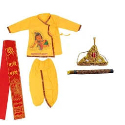Krishna Kids Ethnic wear Costume in Cotton Fabric,Krishna Dress Yellow (Pack of 8 - Kurta, Dhoti, Bansuri, Mor Pankh, Mukut, Bandhni, Kundal, Mala) - 12M - 18M