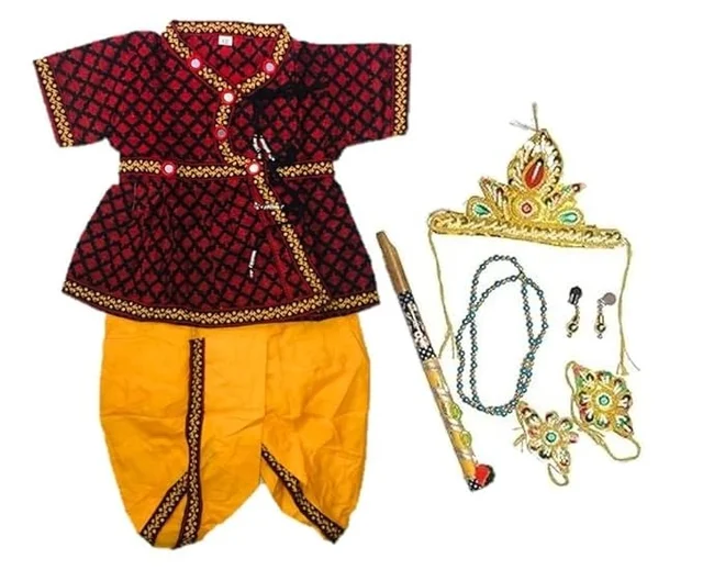 PK HUB Traditional Krishna Dress for Kids | Janmashtami Kanha Costume Infant Bal Gopal Outfit for Boys for Janmashtami|Set of 7 (Kurta, Dhoti, Bansuri, Mor Pankh, Mukut, Bandhni Patka) - 1-2Y, red, 100