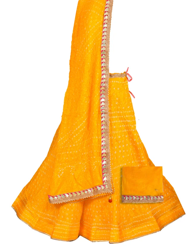 Lehenga Georgette with Bandhej Dupatta With Gota Patti Border & Dupin Blouse, Free Size - Yellow