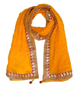 Lehenga Georgette with Bandhej Dupatta With Gota Patti Border & Dupin Blouse, Free Size - Yellow