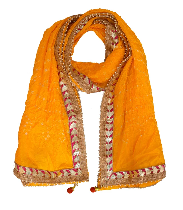 Lehenga Georgette with Bandhej Dupatta With Gota Patti Border & Dupin Blouse, Free Size - Yellow
