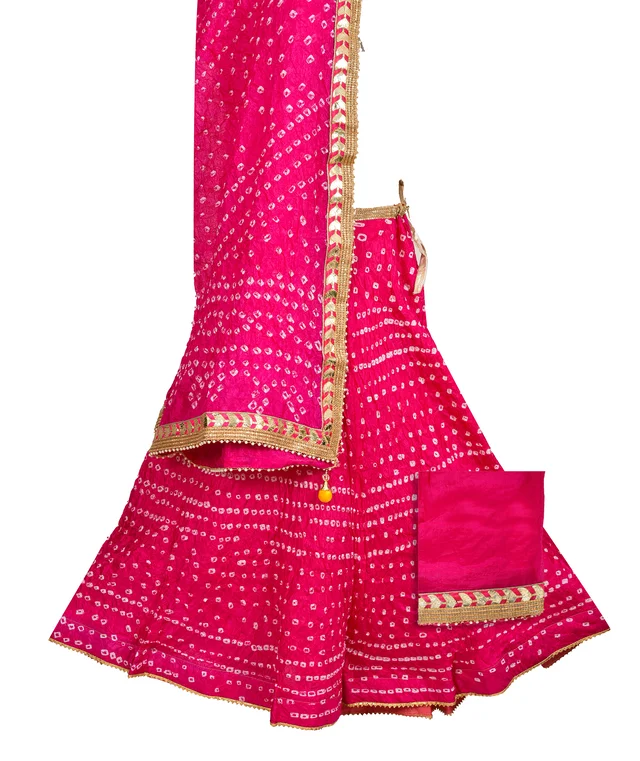 Lehenga Georgette with Bandhej Dupatta With Gota Patti Border & Dupin Blouse, Free Size - Pink