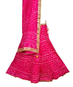 Lehenga Georgette with Bandhej Dupatta With Gota Patti Border & Dupin Blouse, Free Size - Pink
