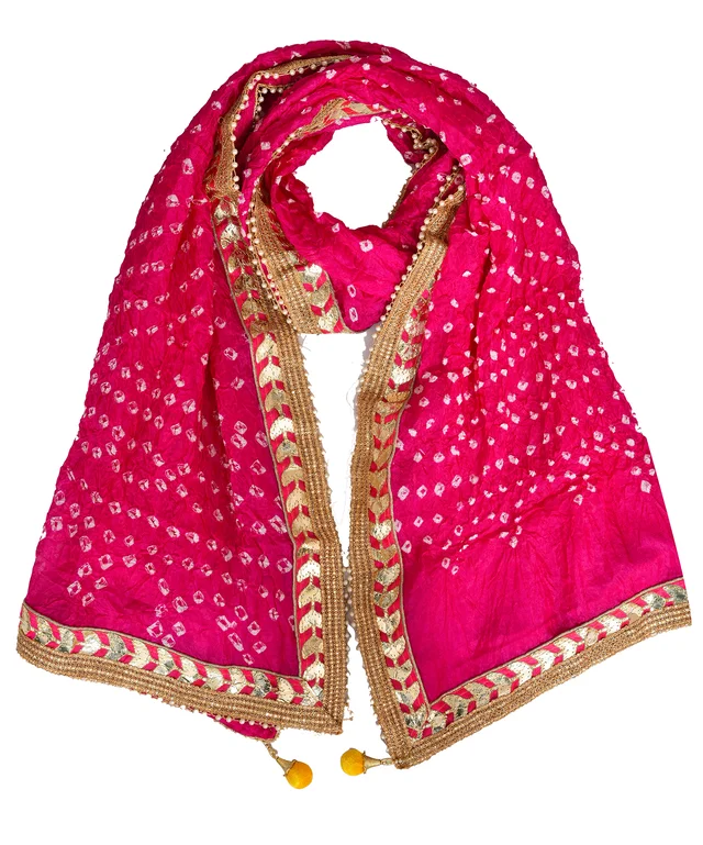 Lehenga Georgette with Bandhej Dupatta With Gota Patti Border & Dupin Blouse, Free Size - Pink