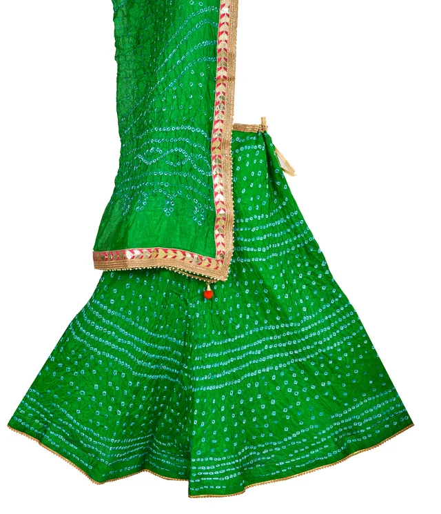 Lehenga Georgette with Bandhej Dupatta With Gota Patti Border & Dupin Blouse, Free Size - Green