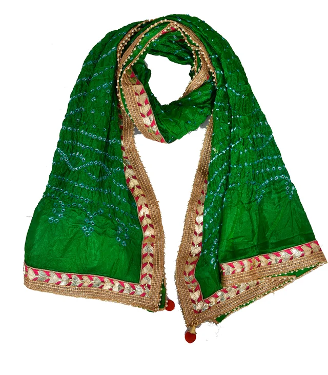 Lehenga Georgette with Bandhej Dupatta With Gota Patti Border & Dupin Blouse, Free Size - Green