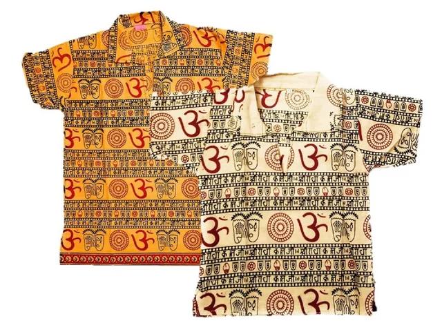 Om Printed Cotton Short Kurta T-shirt for Baby/Boys/Girls Beige & Yellow (COMBO-2) - 4Y - 5Y