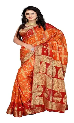 PK HUB BANDHANI Women's Jaipuri Rajasthani Art Silk Bandhani Bandhej Banarasi Gharchola Saree