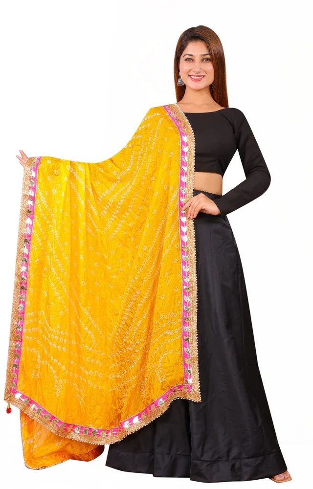 PK HUB Dresses Jaipuri Rajasthani Women's Art Silk Bandhani Bandhej Dupatta With Heavy GOTA PATTI WORK - Free Size, Yellow