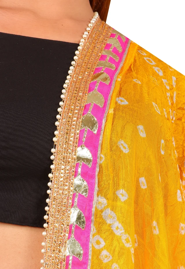 PK HUB Dresses Jaipuri Rajasthani Women's Art Silk Bandhani Bandhej Dupatta With Heavy GOTA PATTI WORK - Free Size, Yellow