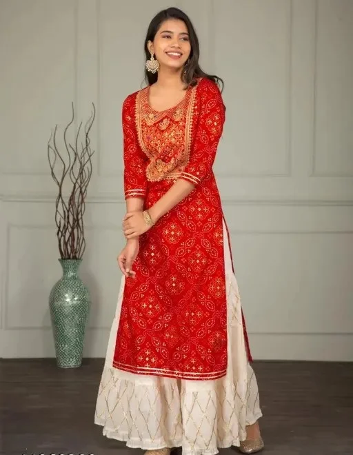 PK HUB New Women's Rayon Embroidery Kurti with white Palazzo set - L, Red