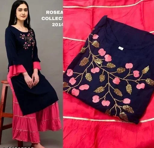 PK HUB New Women's Rayon Embroidery Kurti with white Palazzo set - M, Navy Blue