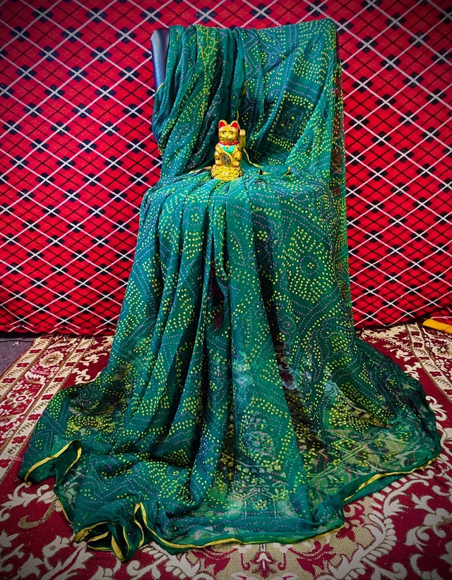 PK HUB Women's Chiffon BANDHANI Saree With Blouse Piece - Green