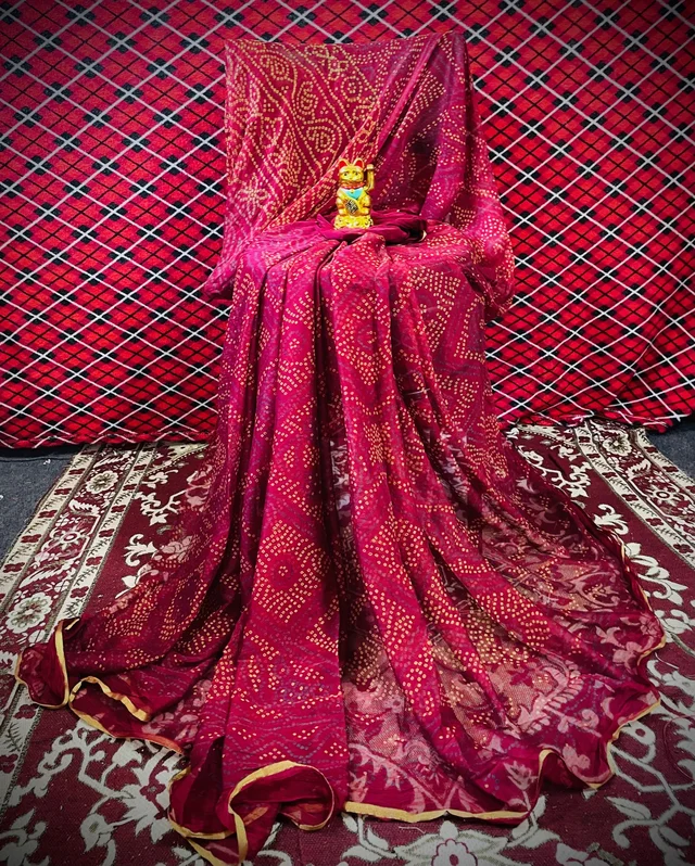 PK HUB Women's Chiffon BANDHANI Saree With Blouse Piece - Maroon