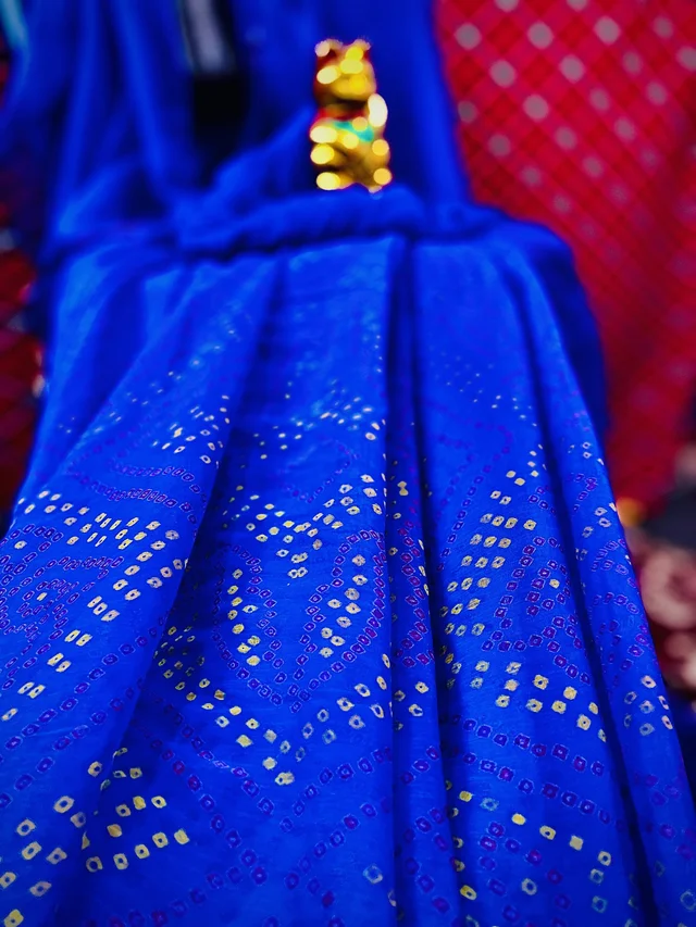 PK HUB Women's Chiffon BANDHANI Saree With Blouse Piece - Blue