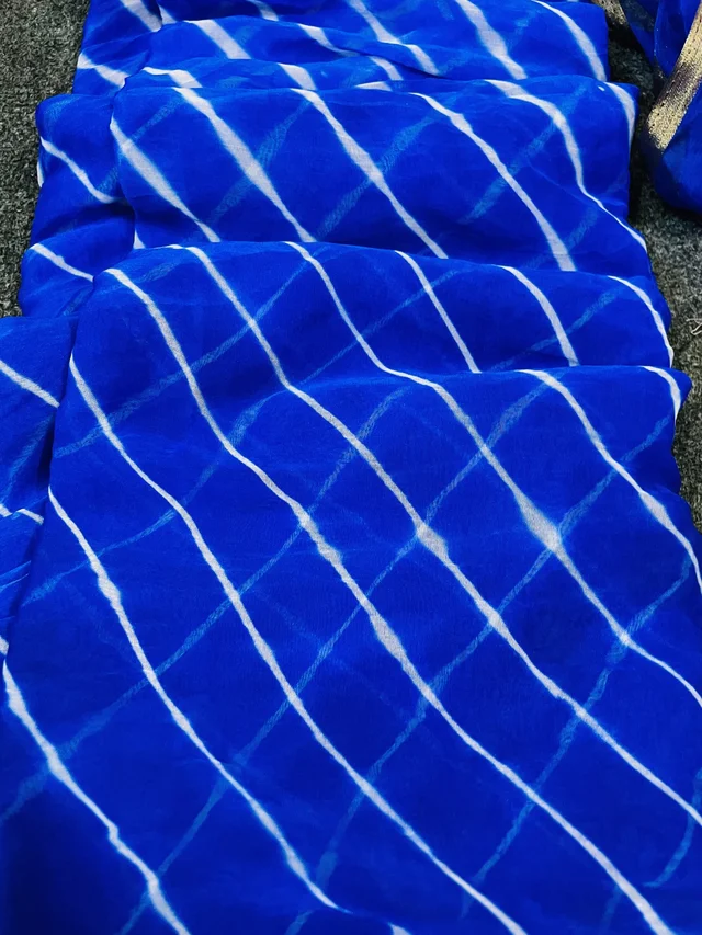 PK HUB Women's Chiffon Leheriya Saree With Blouse Piece - Blue