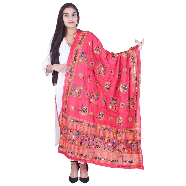 PK HUB Women's Embroidery Mirror Work Multi-Colour Kutch Work Cotton Dupatta Chakachak - FREE SIZE, Pink