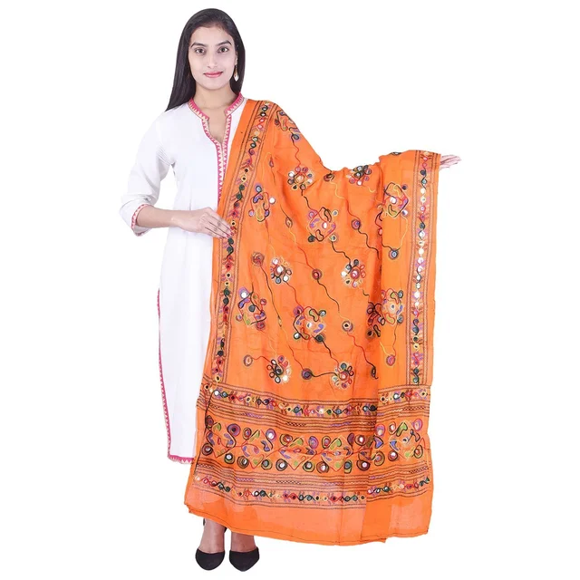 PK HUB Women's Embroidery Mirror Work Multi-Colour Kutch Work Cotton Dupatta Chakachak - FREE SIZE, Orange