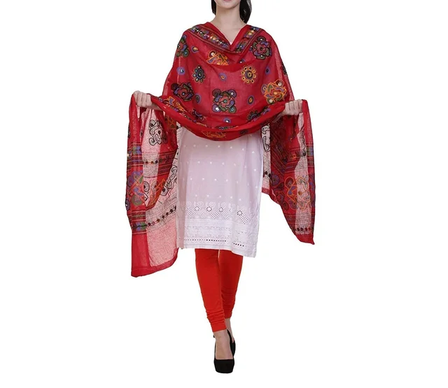 PK HUB Women's Embroidery Mirror Work Multi-Colour Kutch Work Cotton Dupatta Chakachak - FREE SIZE, Red