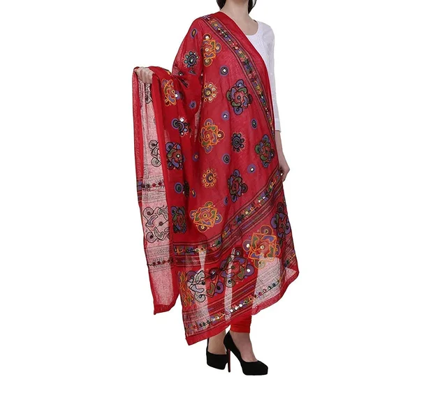 PK HUB Women's Embroidery Mirror Work Multi-Colour Kutch Work Cotton Dupatta Chakachak - FREE SIZE, Red
