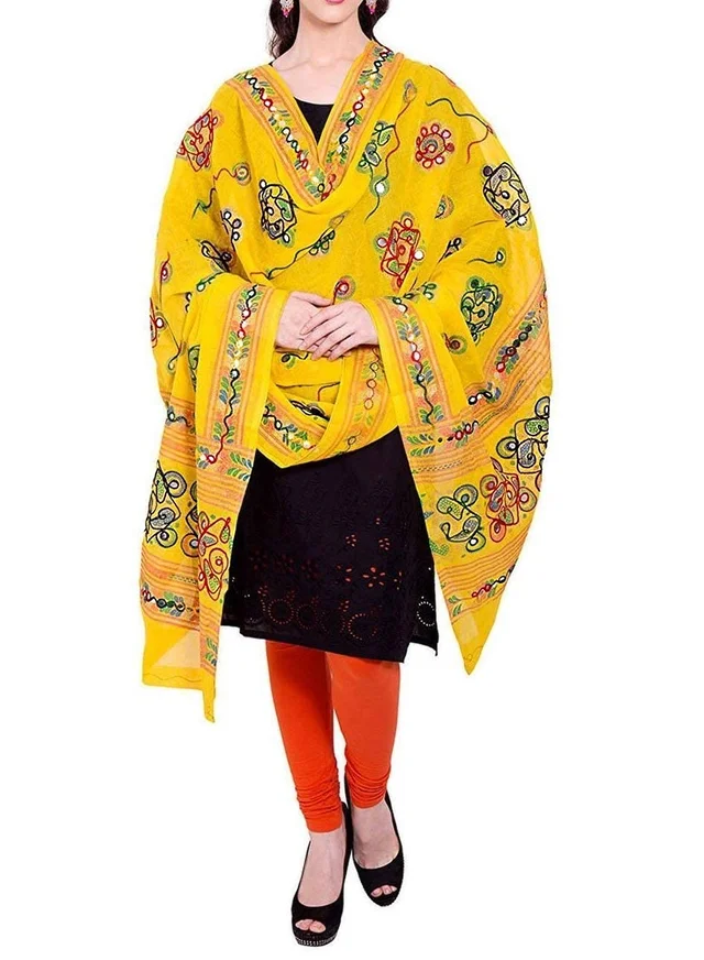 PK HUB Women's Embroidery Mirror Work Multi-Colour Kutch Work Cotton Dupatta Chakachak - FREE SIZE, Yellow