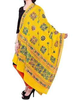 PK HUB Women's Embroidery Mirror Work Multi-Colour Kutch Work Cotton Dupatta Chakachak - FREE SIZE, Yellow