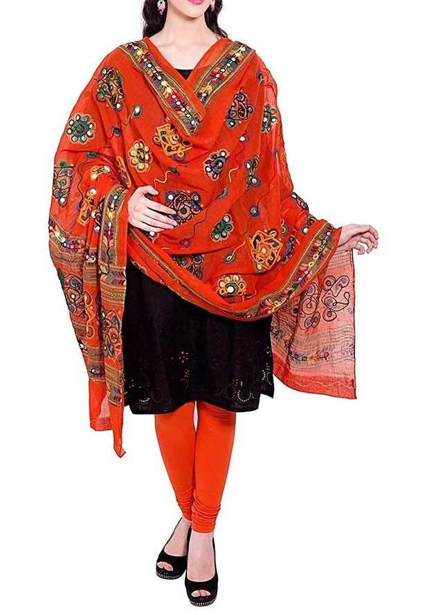 PK HUB Women's Embroidery Mirror Work Multi-Colour Kutch Work Cotton Dupatta Chakachak - FREE SIZE, Orange