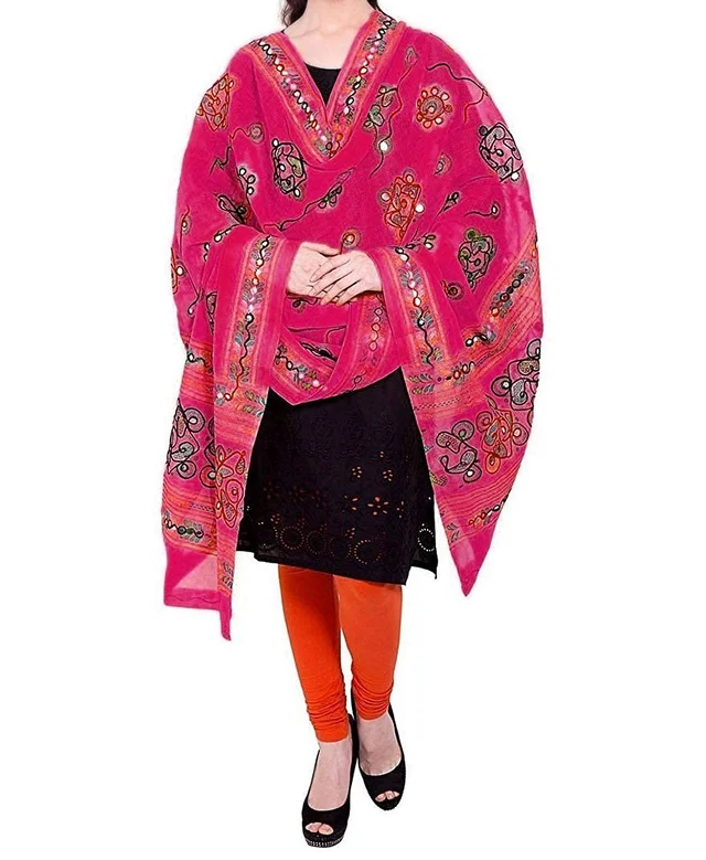 PK HUB Women's Embroidery Mirror Work Multi-Colour Kutch Work Cotton Dupatta Chakachak - FREE SIZE, Pink