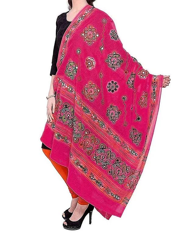 PK HUB Women's Embroidery Mirror Work Multi-Colour Kutch Work Cotton Dupatta Chakachak - FREE SIZE, Pink