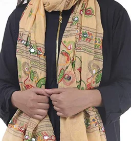 PK HUB Women's Embroidery Mirror Work Multi-Colour Kutch Work Cotton Dupatta Chakachak - FREE SIZE, Beige