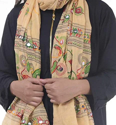 PK HUB Women's Embroidery Mirror Work Multi-Colour Kutch Work Cotton Dupatta Chakachak - FREE SIZE, Beige