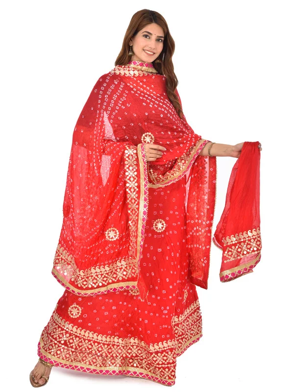 PK HUB Women's Rajasthani Traditional Bhandej Hand Gota Patti Work Lehnga Chunni Set - Free Size, Red